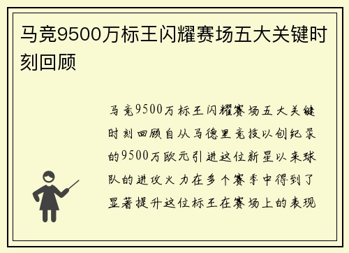 马竞9500万标王闪耀赛场五大关键时刻回顾